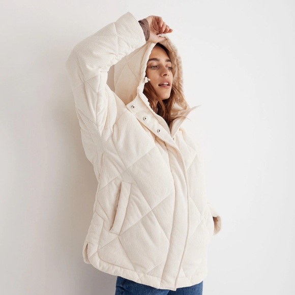 NWT Madewell Cream Corduroy Holland Quilted Puffer Parka Jacket sz 1X - Picture 12 of 17
